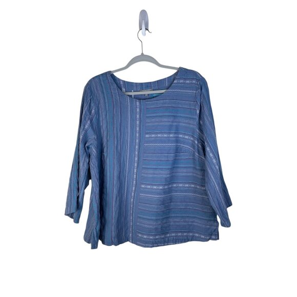 Habitat Clothes To Live In Blue Striped Patchwork 3/4 Sleeve Button Cuff Top - Picture 2 of 8